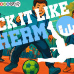 Illustration von lächelnden Kindern beim Fußballtraining auf einem Platz im Freien, mit einem grünen Ball im Vordergrund. Ein großer Text mit der Aufschrift "KICK IT LIKE THEM!" und eine weiße Silhouette eines kickenden Fußballspielers überlagern die Szene.
