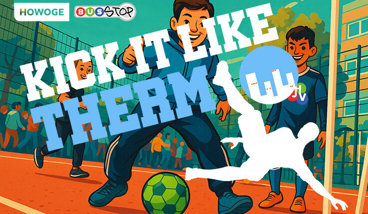 Illustration von lächelnden Kindern beim Fußballtraining auf einem Platz im Freien, mit einem grünen Ball im Vordergrund. Ein großer Text mit der Aufschrift "KICK IT LIKE THEM!" und eine weiße Silhouette eines kickenden Fußballspielers überlagern die Szene.