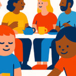 Illustration von Eltern, die an einem Tisch sitzen und sich unterhalten. Im Vordergrund spielen Kinder.