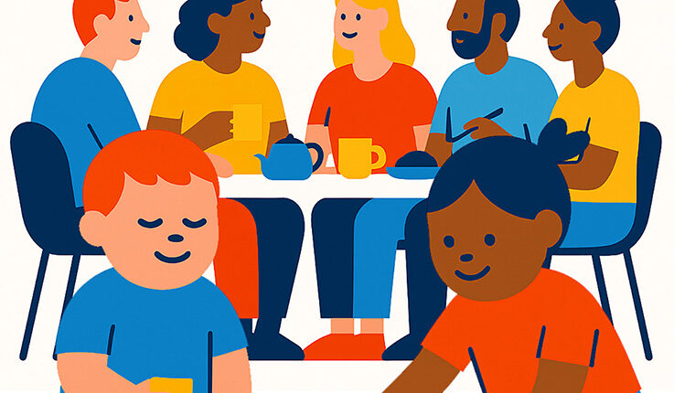 Illustration von Eltern, die an einem Tisch sitzen und sich unterhalten. Im Vordergrund spielen Kinder.