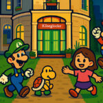 Cartoonbild von Mario, Luigi, zwei Kindern und einigen Schildkrötenfiguren, die sich fröhlich vor einem Gebäude mit der Aufschrift Käseglocke versammeln. Die farbenfrohe, verspielte Videospielszene fängt den lustigen Geist der Sommerferien ein.
