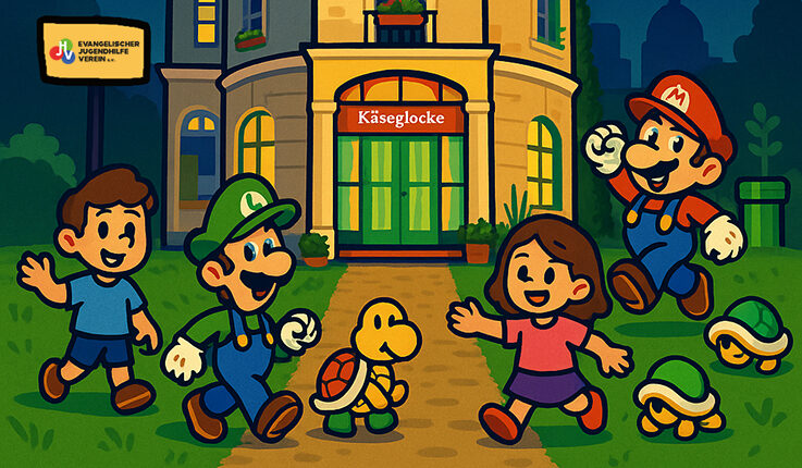 Cartoonbild von Mario, Luigi, zwei Kindern und einigen Schildkrötenfiguren, die sich fröhlich vor einem Gebäude mit der Aufschrift Käseglocke versammeln. Die farbenfrohe, verspielte Videospielszene fängt den lustigen Geist der Sommerferien ein.