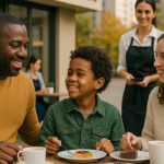 Eine lächelnde dreiköpfige Familie genießt ein Dessert und einen Kaffee an einem Tisch des Sozialcafés Thermometer im Freien, während eine Kellnerin mit einem Notizblock in der Nähe steht. Die warme, angenehme Atmosphäre suggeriert einen glücklichen Moment des Zusammenseins in diesem neuen Projekt.